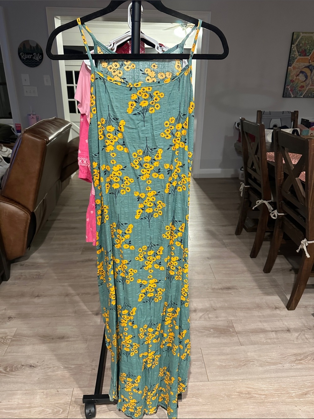 Sleeveless Green Floral Maxi Skirt with Yellow Print
